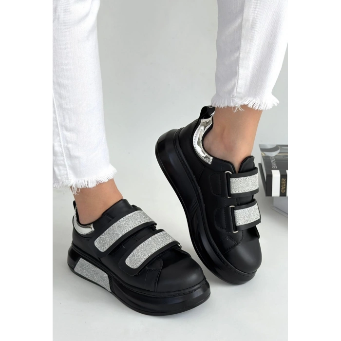 Nino Siyah Cilt Simli Cırt Cırtlı Spor Ayakkabı