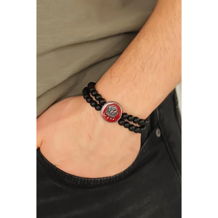 Osmanlı Tuğralı Kırmızı Metal Aksesuarlı Siyah Oniks Doğal Taş Erkek Bileklik