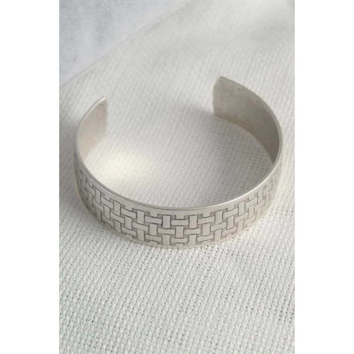 Otantik Gümüş Renk Motif İşleme Detay Plaka Erkek Bileklik