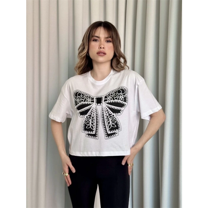 Oversize Beyaz Baskılı Crop Kadın T-Shirt
