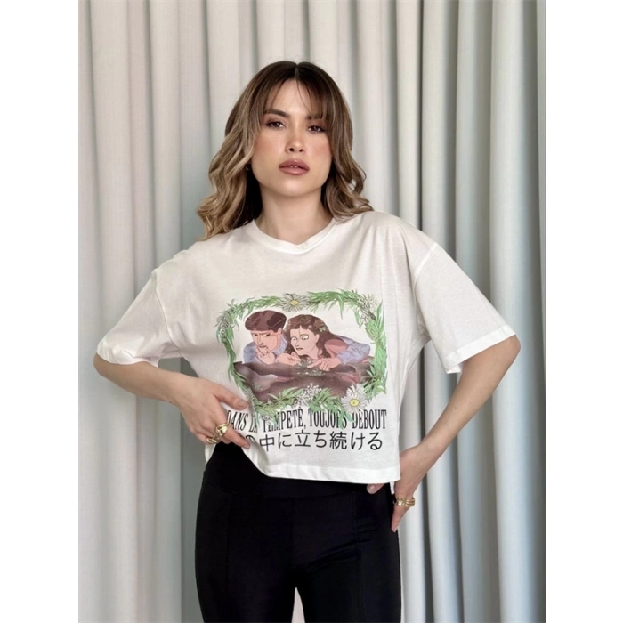 Oversize Beyaz Baskılı Crop Kadın T-Shirt
