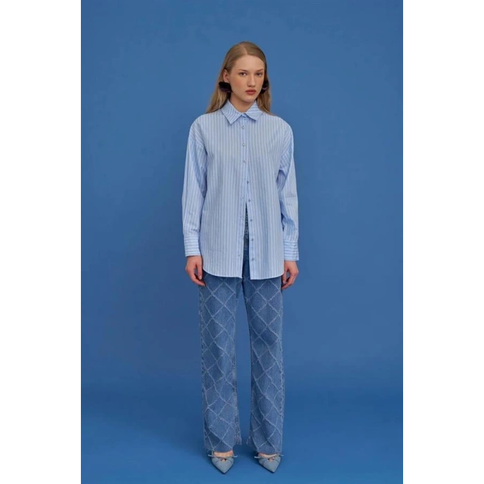 Oversıze Çizgili Kadın Gömlek