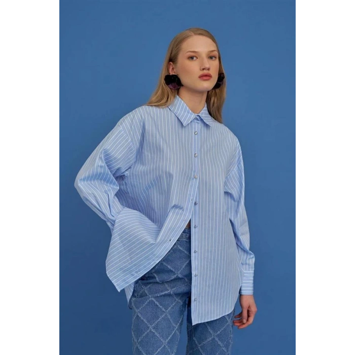Oversıze Çizgili Kadın Gömlek