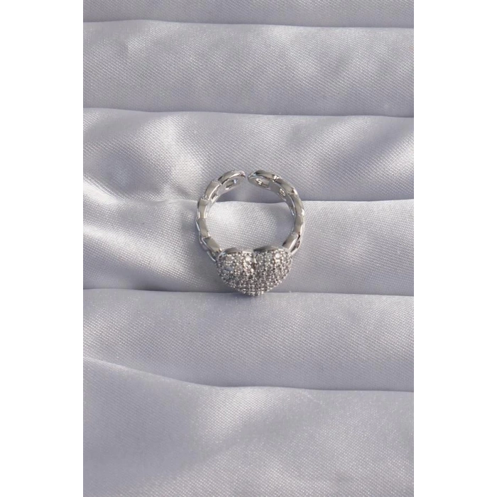 Pirinç Ayarlamalı Gümüş Renk Zirkon Taşlı Bombeli Kalp Yüzük