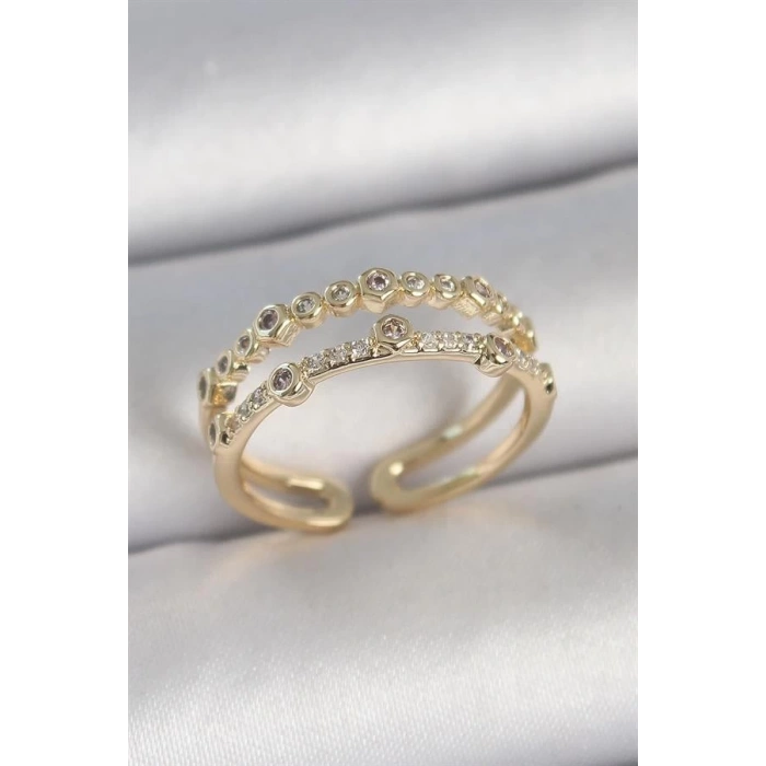 Pirinç Gold Renk 2Li Sıralı Zirkon Taşlı Ayarlanabilir Model Kadın Yüzük