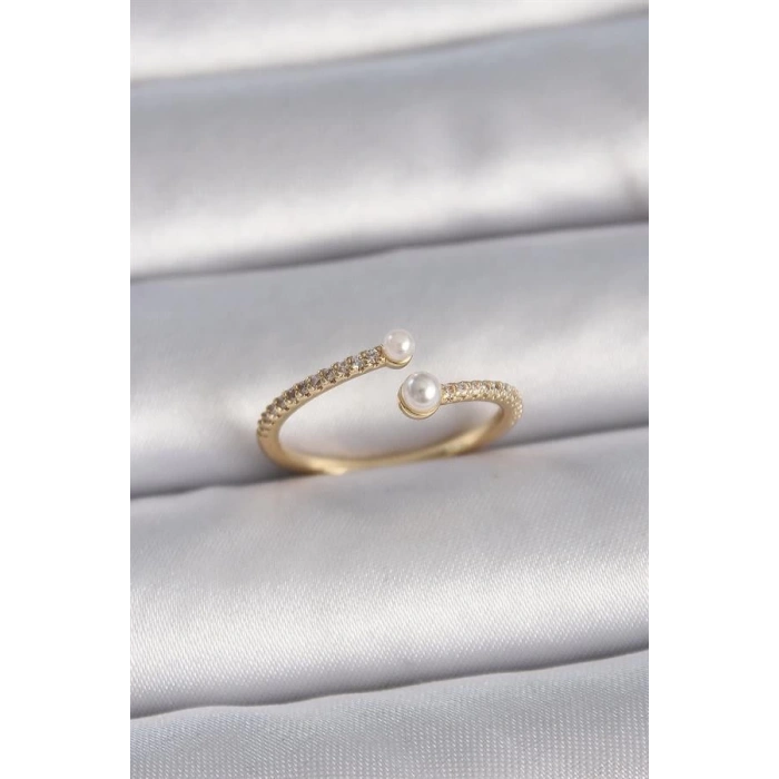 Pirinç Gold Renk Ayarlanabilir Sıralı Zirkon Taşlı İnci Detay Kadın Yüzük