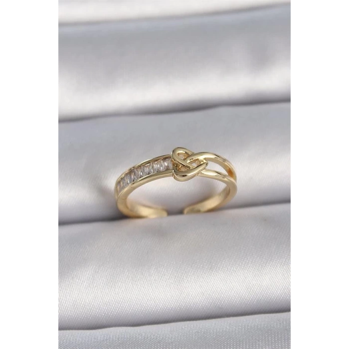 Pirinç Gold Renk Ayarlanabilir Zirkon Taşlı Düğüm Kalp Model Kadın Yüzük