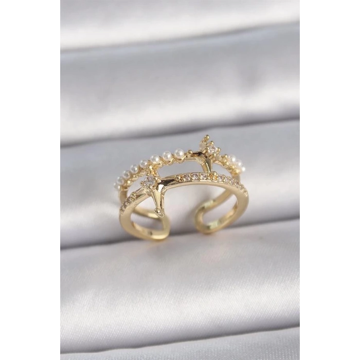 Pirinç Gold Renk Ayarlanabilir Zirkon Taşlı İncili Yıldız Model Kadın Yüzük