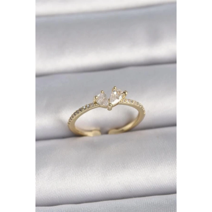 Pirinç Gold Renk Ayarlanabilir Zirkon Taşlı Kalp Model Kadın Yüzük