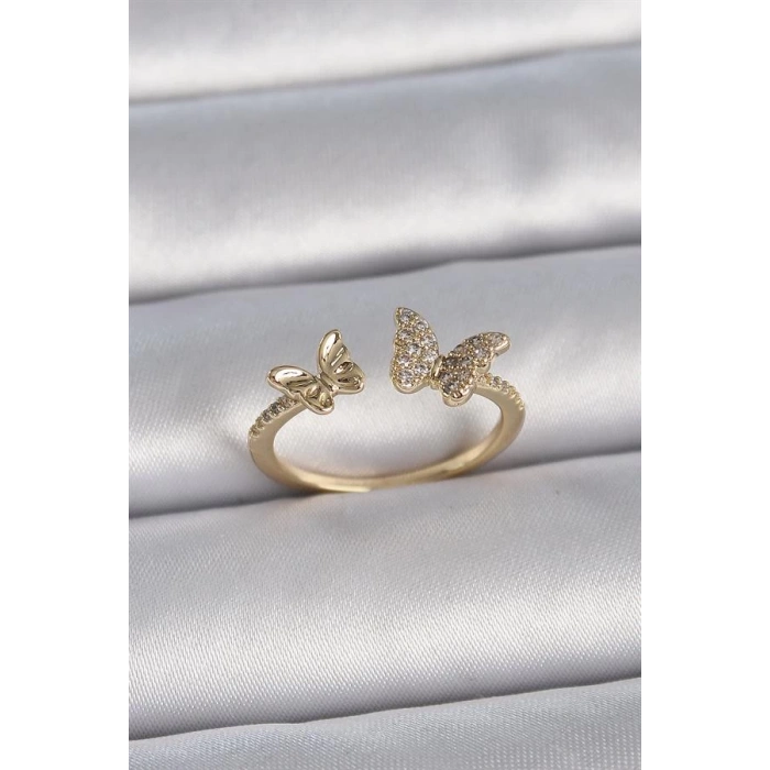 Pirinç Gold Renk Ayarlanabilir Zirkon Taşlı Kelebek Model Kadın Yüzük