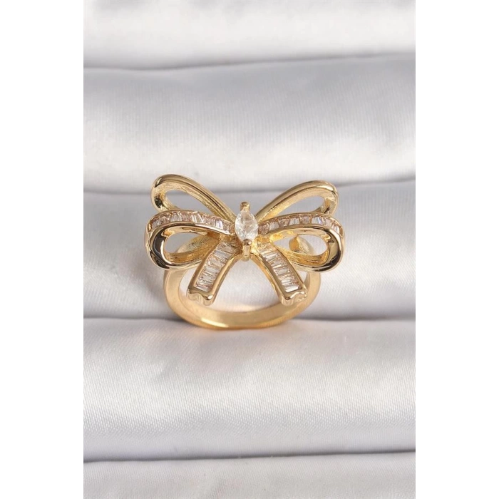 Pirinç Gold Renk Ayarlanabilir Zirkon Taşlı Kurdele Model Kadın Yüzük
