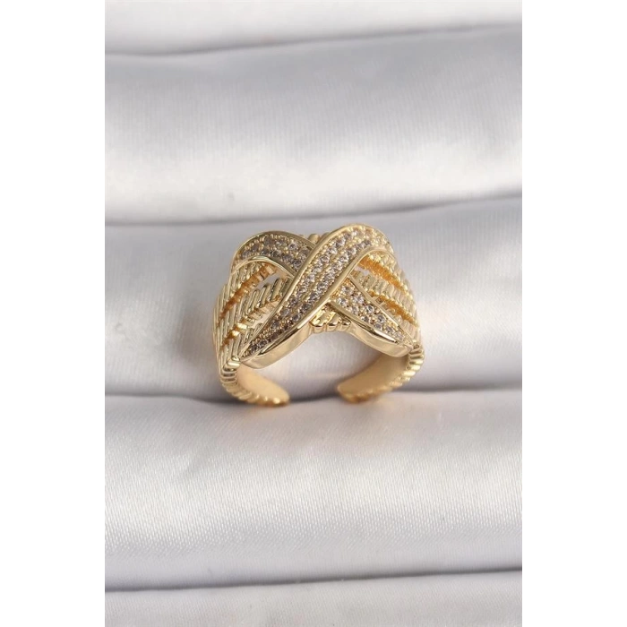 Pirinç Gold Renk Ayarlanabilir Zirkon Taşlı X Model Kadın Yüzük