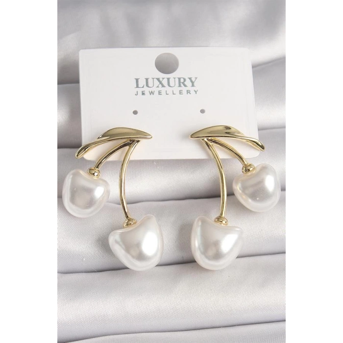 Pirinç Gold Renk Beyaz İnci Kiraz Model Kadın Küpe