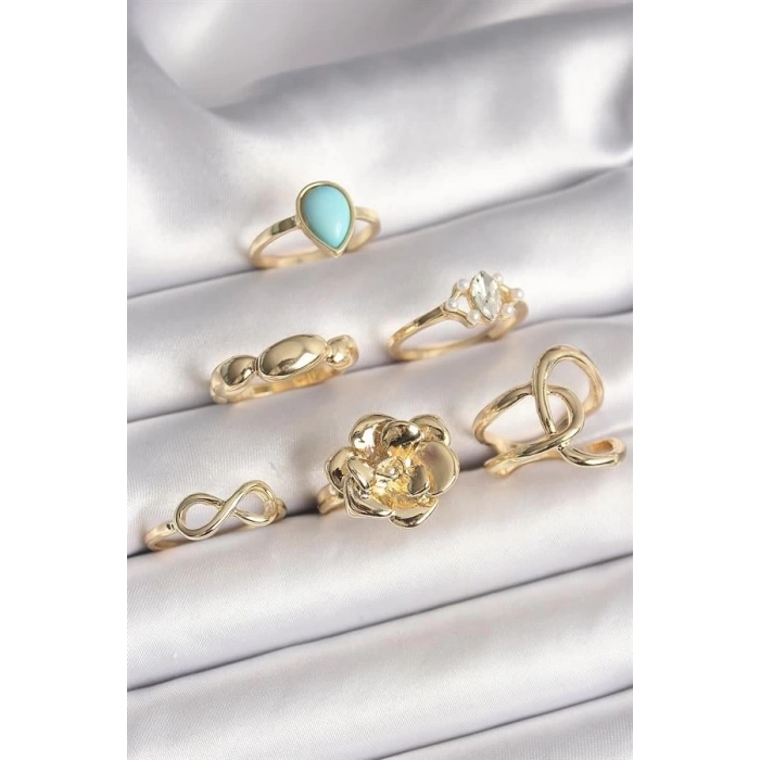 Pirinç Gold Renk Çiçek Model Model Sonsuzluk Zirkon Taş Detaylı 6Lı Kadın Yüzük Seti