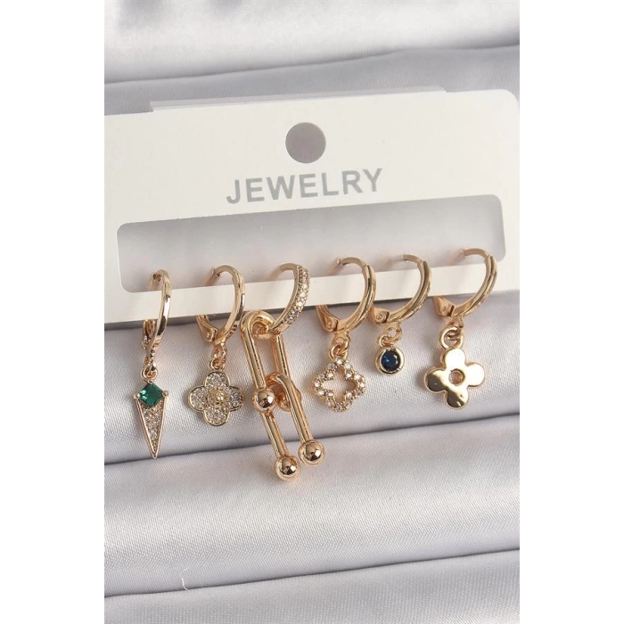 Pirinç Gold Renk Çoklu Figür Kadın Küpe Seti