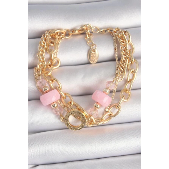 Pirinç Gold Renk Çoklu Pembe Taşlı Kadın Bileklik