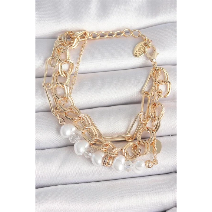 Pirinç Gold Renk Çoklu Zincir Model İncilli Zirkon Taş Detay Kadın Bileklik
