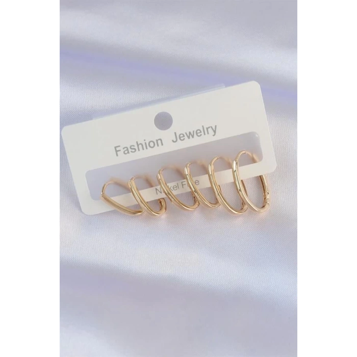 Pirinç Gold Renk İnce Oval Küpe Seti