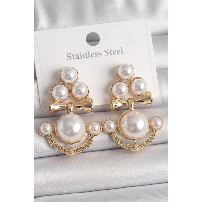 Pirinç Gold Renk İncili Çapa Model Kadın Küpe