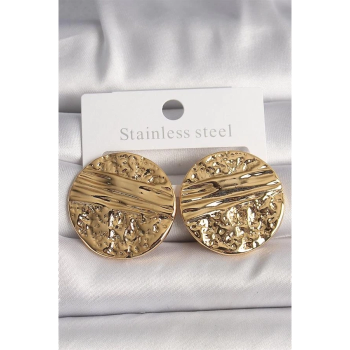 Pirinç Gold Renk İşlemeli Daire Plaka Model Kadın Küpe