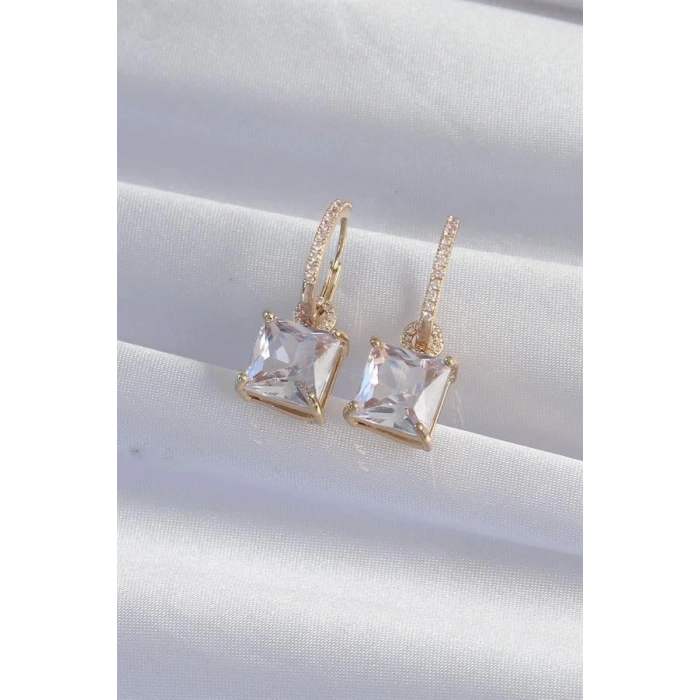 Pirinç Gold Renk Kare Zirkon Taşlı Halka Küpe