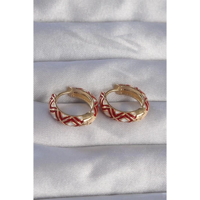Pirinç Gold Renk Kırmızı Etnik Desenli Halka Küpe