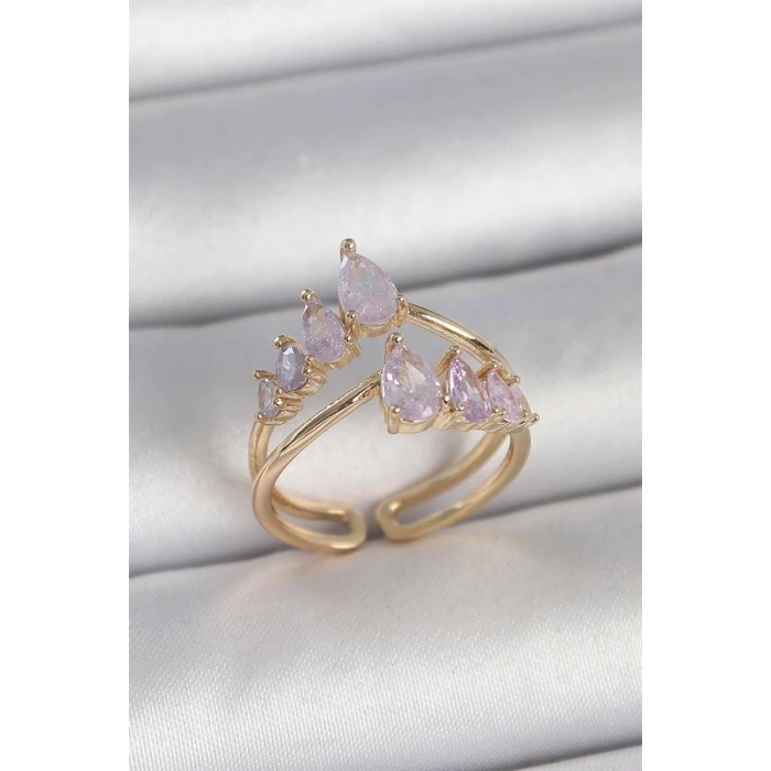 Pirinç Gold Renk Mor Damla Zirkon Taşlı Taç Model Kadın Yüzük