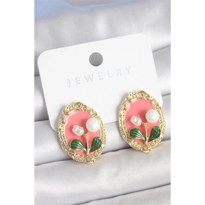 Pirinç Gold Renk Pembe Mineli İncili Çiçek İşlemli Portre Model Kadın Küpe