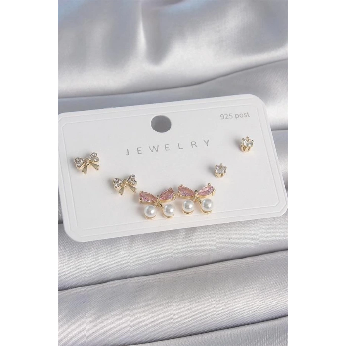 Pirinç Gold Renk Pembe Zirkon Taşlı Fiyonk Model İnci Detay 925 Ayar Gümüş Çivi Kadın Küpe Seti