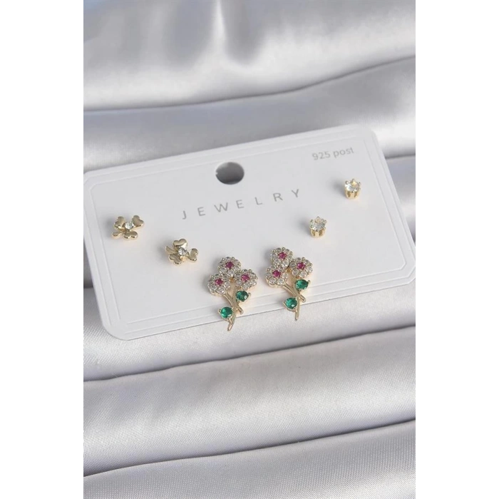 Pirinç Gold Renk Renkli Zirkon Taşlı Çiçek Model Yaprak Detay 925 Ayar Gümüş Çivi Kadın Küpe Seti