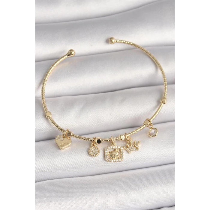 Pirinç Gold Renk Sallantı Zirkon Taşlı Ayıcık Figür Taç Detay Charm Kadın Bileklik