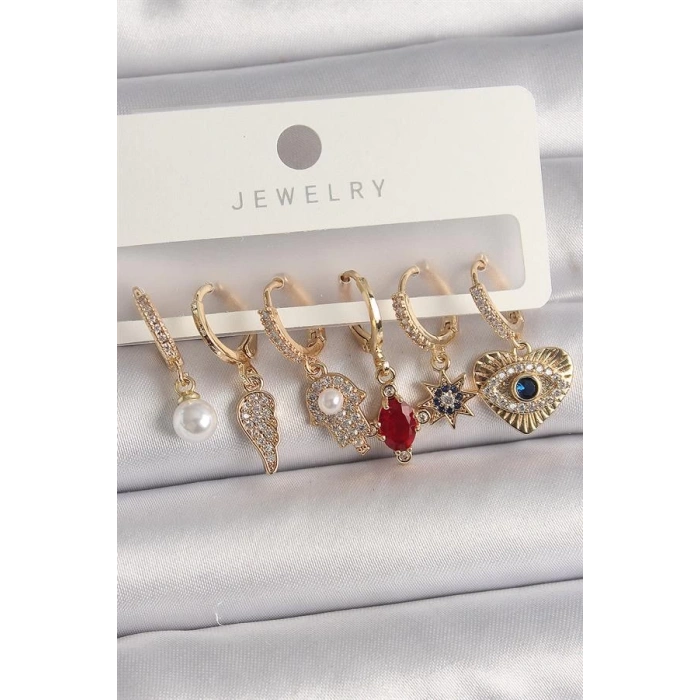 Pirinç Gold Renk Sallantı Zirkon Taşlı Fatma Ana El Figür Kadın Küpe Seti