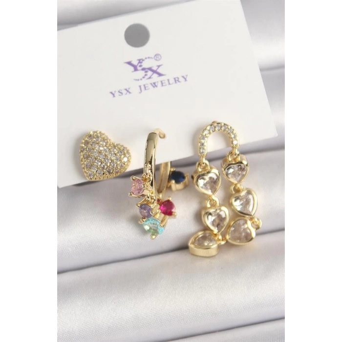 Pirinç Gold Renk Sallantı Zirkon Taşlı Kalp Model 3Lü Kadın Kombin Küpe