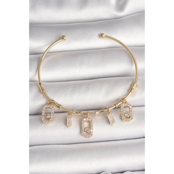 Pirinç Gold Renk Sallantı Zirkon Taşlı Messika Figür Charm Kadın Bileklik