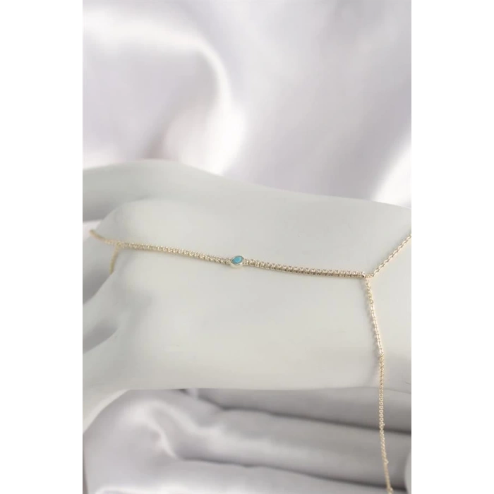 Pirinç Gold Renk Su Yolu Zirkon Taşlı Mavi Taş Detaylı Kadın Şahmeran