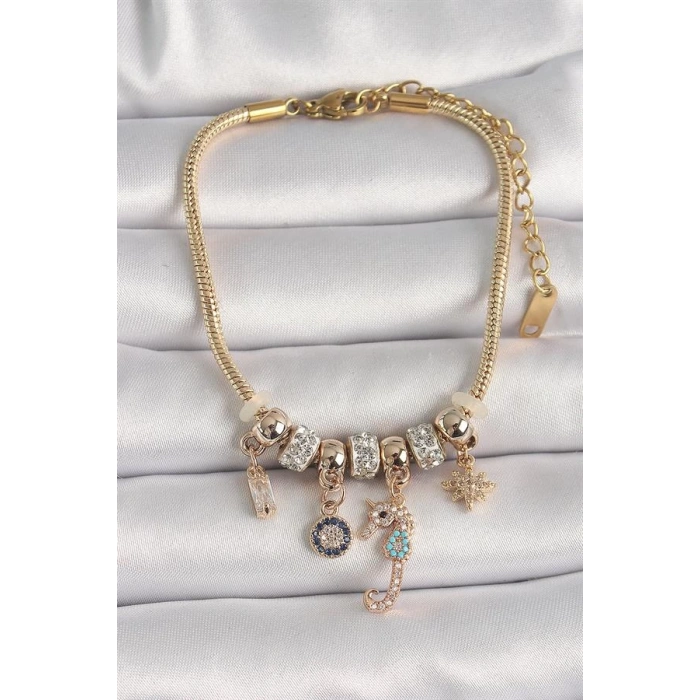 Pirinç Gold Renk Zincir Sallantı Zirkon Taşlı Deniz Atı Figür Nazar Boncuk Detay Kadın Bileklik