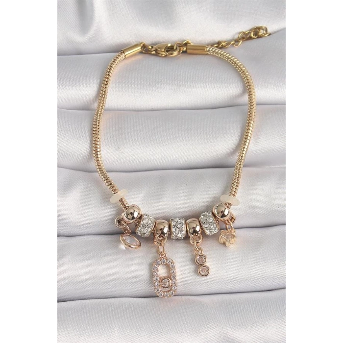 Pirinç Gold Renk Zincir Sallantı Zirkon Taşlı Messika Figür Yıldız Detay Kadın Bileklik