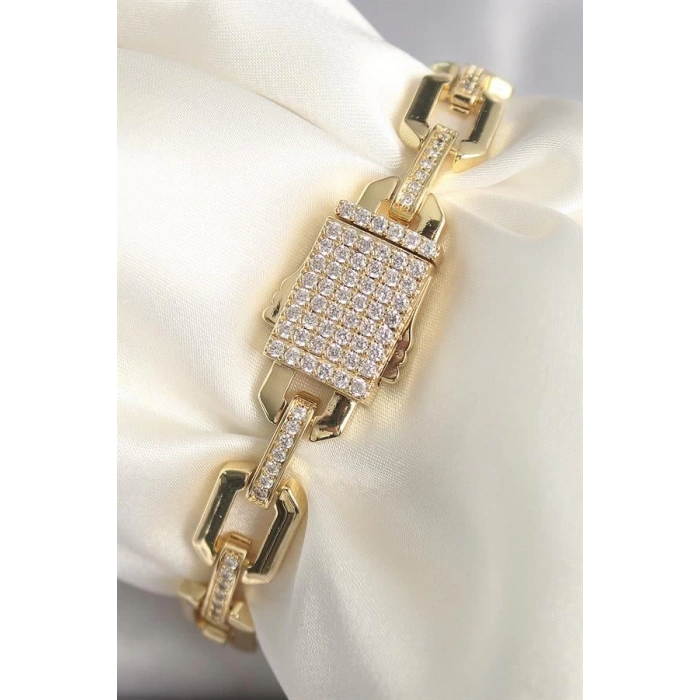 Pirinç Gold Renk Zirkon Taş Detaylı Kare Zincir Model Xuping VIP Exculusive Seri Kadın Bileklik