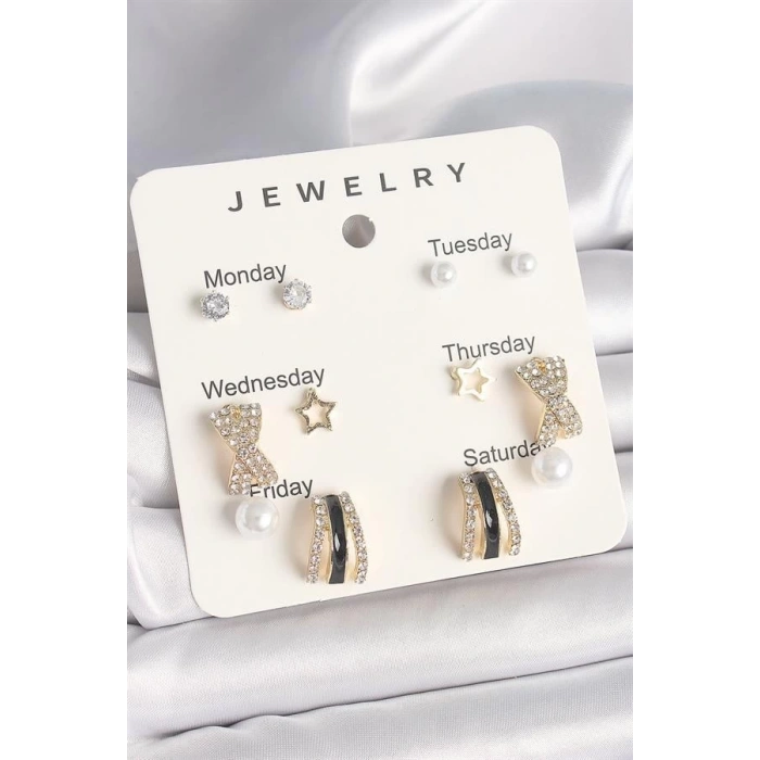 Pirinç Gold Renk Zirkon Taş Yıldız Detaylı İncili 7Li Set Kadın Küpe Seti