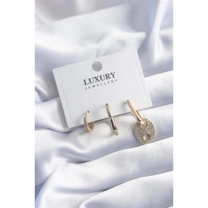 Pirinç Gold Renk Zirkon Taşlı 3lü Kadın Küpe Seti