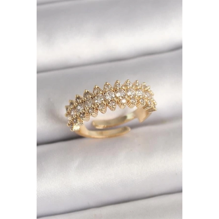Pirinç Gold Renk Zirkon Taşlı Ayarlanabilir Model Kadın Yüzük