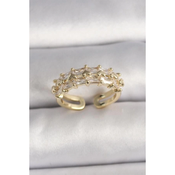 Pirinç Gold Renk Zirkon Taşlı Ayarlanabilir Yüzük
