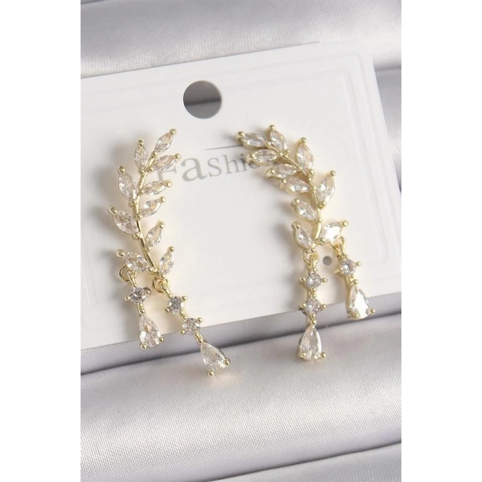 Pirinç Gold Renk Zirkon Taşlı Başak Model Kadın Küpe