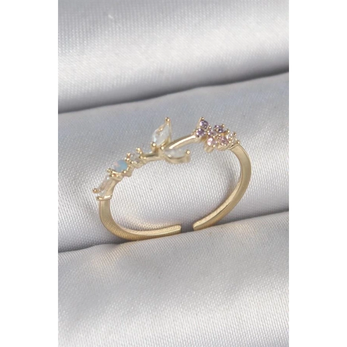Pirinç Gold Renk Zirkon Taşlı Çiçek Model Ayarlanabilir Kadın Yüzük