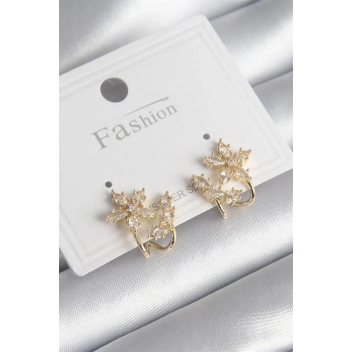 Pirinç Gold Renk Zirkon Taşlı Çiçek Model Kadın Küpe