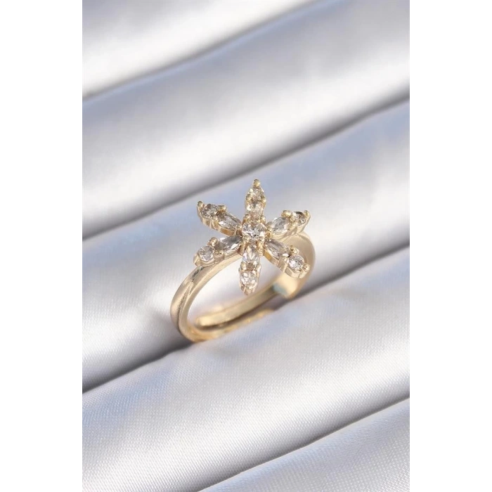 Pirinç Gold Renk Zirkon Taşlı Çiçek Model Kadın Yüzük