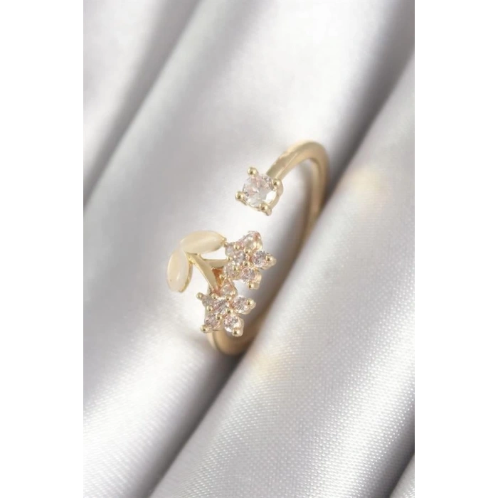 Pirinç Gold Renk Zirkon Taşlı Çiçek Model Kadın Yüzük