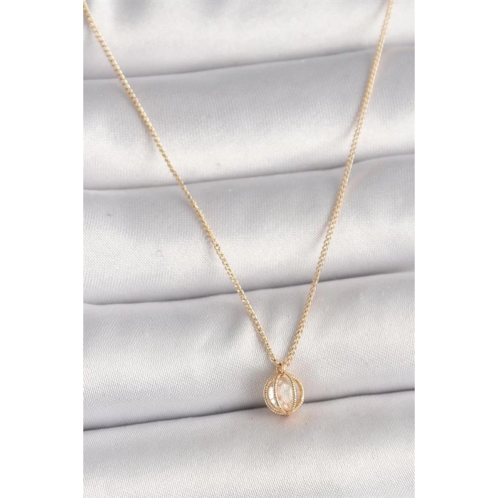 Pirinç Gold Renk Zirkon Taşlı Daire Kafes Model Kadın Kolye
