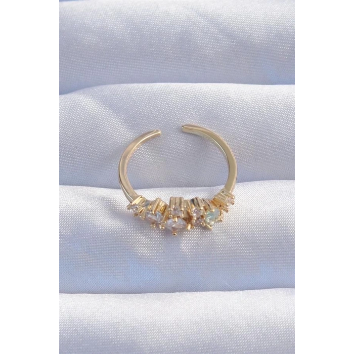 Pirinç Gold Renk Zirkon Taşlı Damla Detay Ayarlanabilir Yüzük