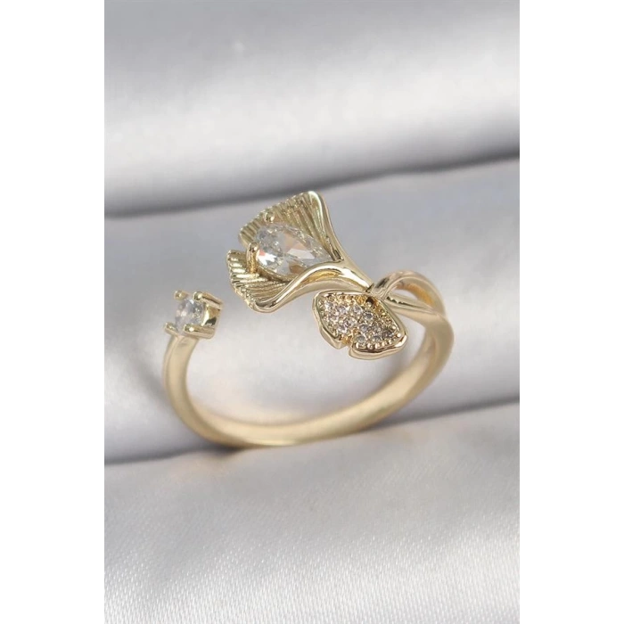 Pirinç Gold Renk Zirkon Taşlı Deniz Kabuğu Model Ayarlanabilir Kadın Yüzük